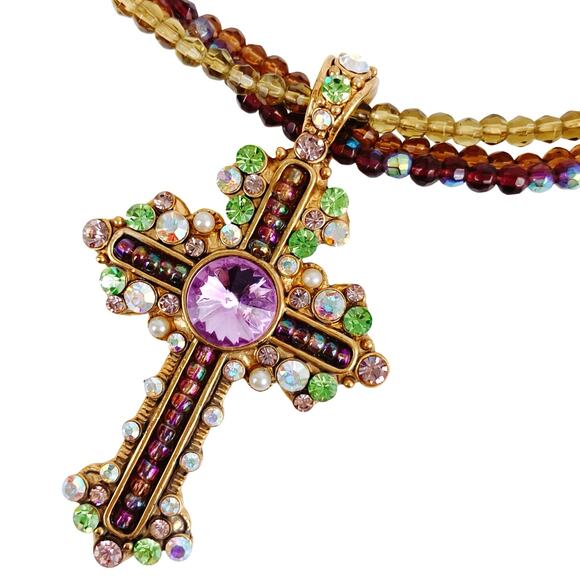 Colorful Glass Rhinestone Cross Christian Pendant Beaded Necklace Choker 16"-19" - Picture 1 of 12